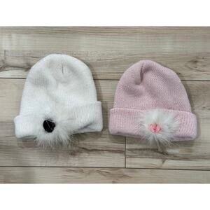 Vintage 90s Girls Kids Winter Knit Hats Marabou Flower So Cute! Pink White